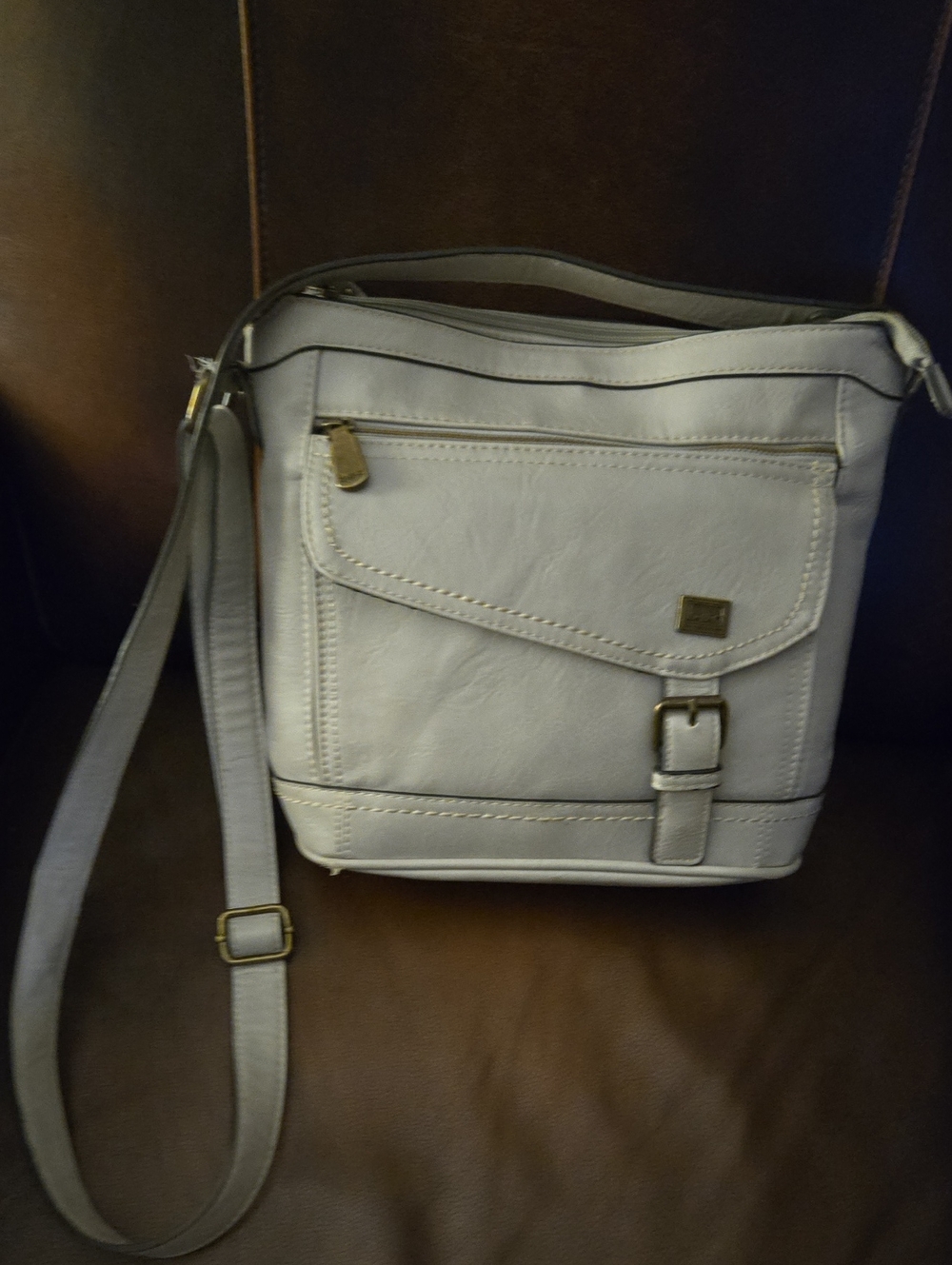 Born Concept Light Gray Leather Crossbody Bag with Front Pocket Brass Trim EUC
